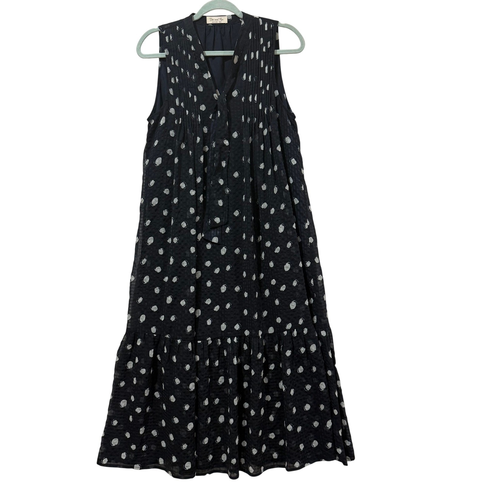 Doe and Rae Navy Polka Dot Tie Neck Sleeveless Tiered Midi Dress Small