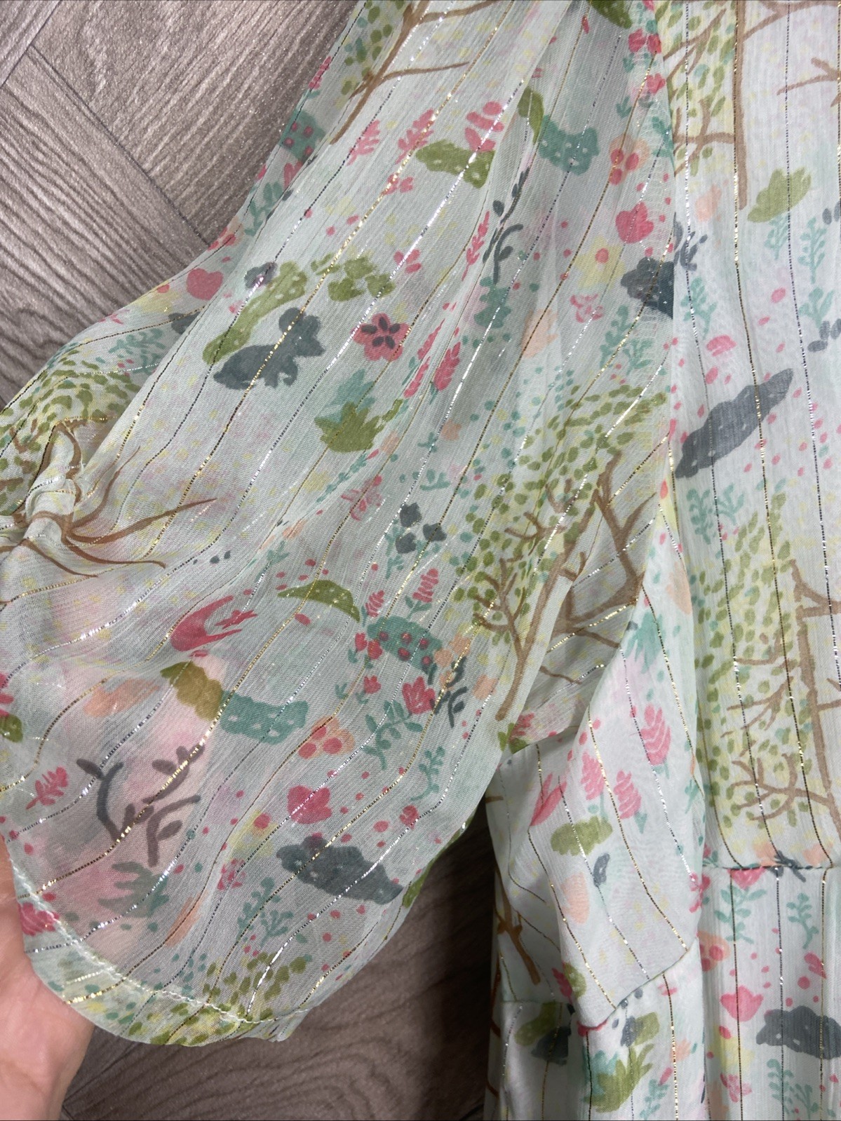 Oliver Bonas Sheer Floaty Leaf Print Midi Dress Ruffle Metallic Detail Size 16