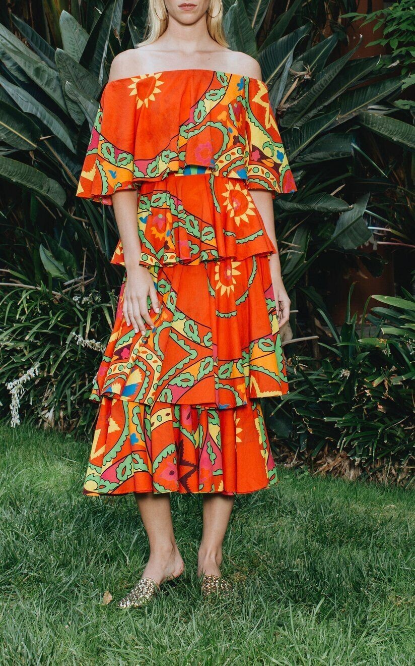 Rhode Resort Lulu Printed Midi Dress Tiered Off Shoulder Brunch Outfit M 205807