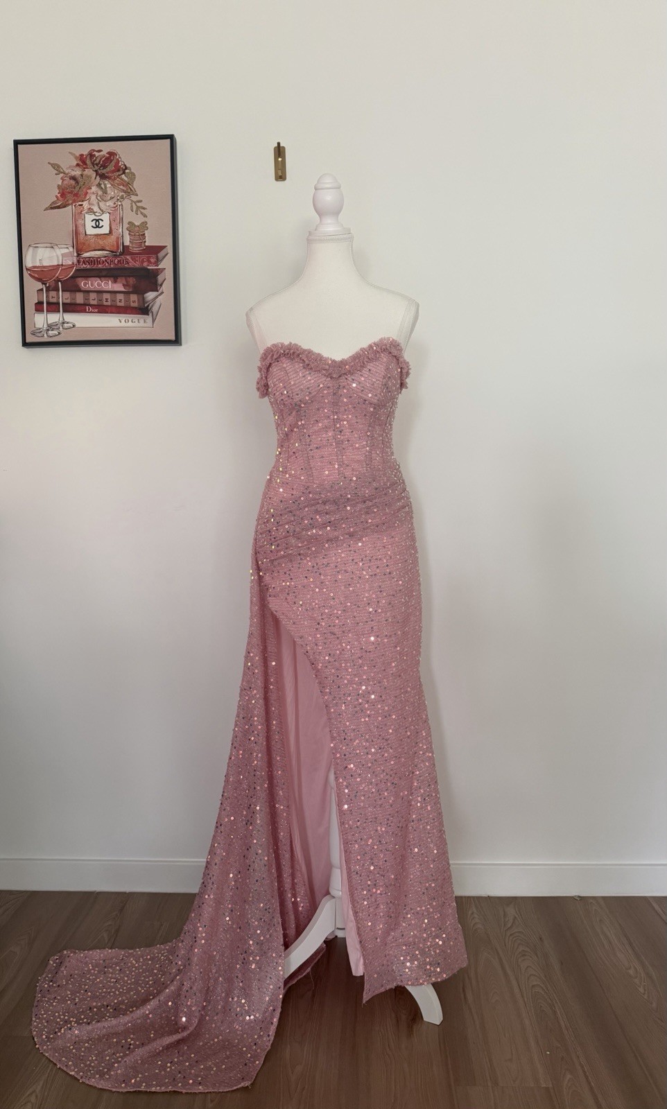 Pink Solid Sequin Long Gown Sweetheart Lace Up Train with transparent straps
