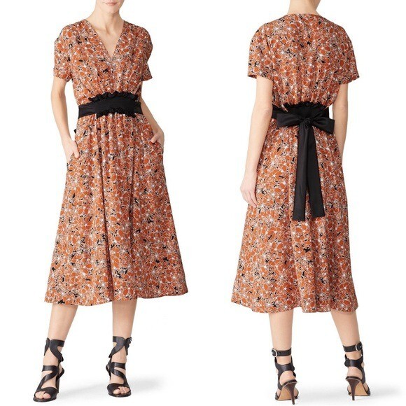 Cedric Charlier Floral Matte Satin Belted Crepe Midi Dress Size 4 Rust Orange