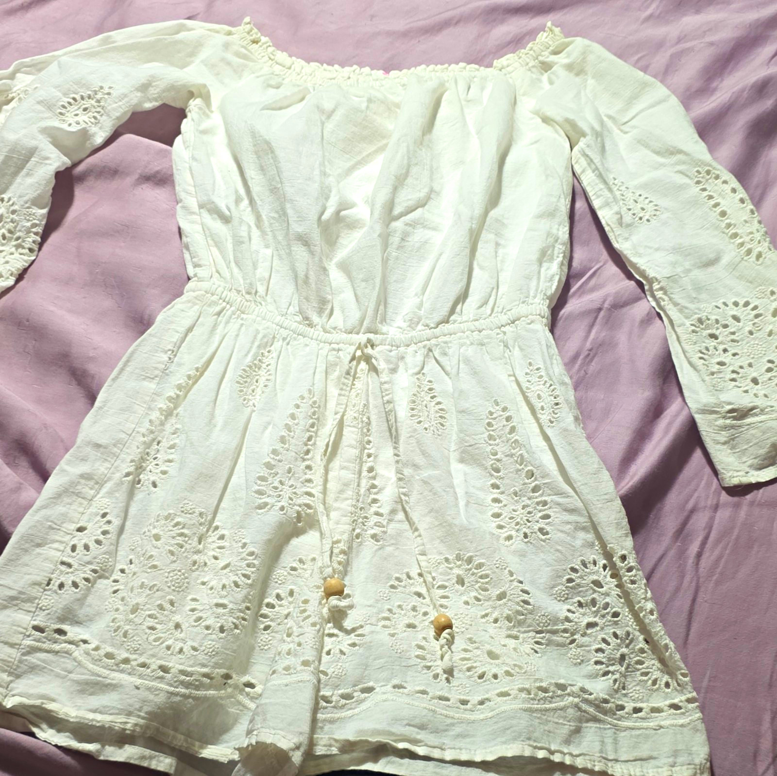 Shein White Off Shoulder Eyelet Embroidered Puff Sleeve Dress M