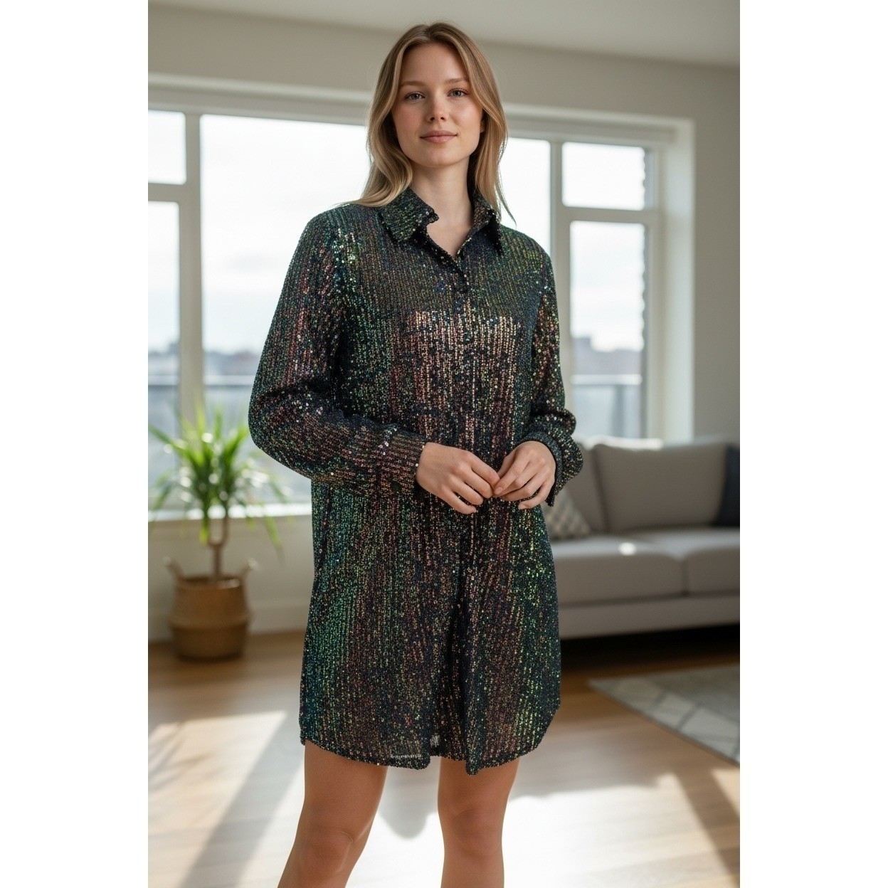 Jodifl Womens Iridescent Sequin Button Down Shirt Dress Multi-Color Small New