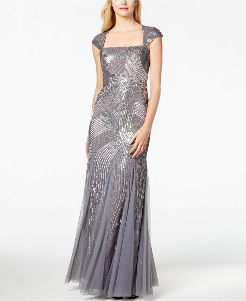NEW Adrianna Papell [ 2 ] Embellished Mesh Envelope Gown in Silver/Grey #M27