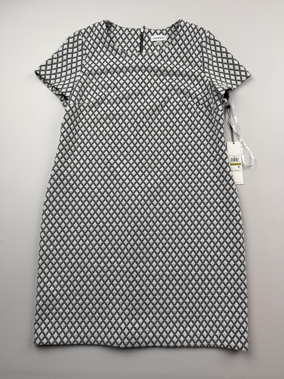 Calvin Klein Dress Womens 14 White Diamond Knit Short Sleeve Sheath Workwear