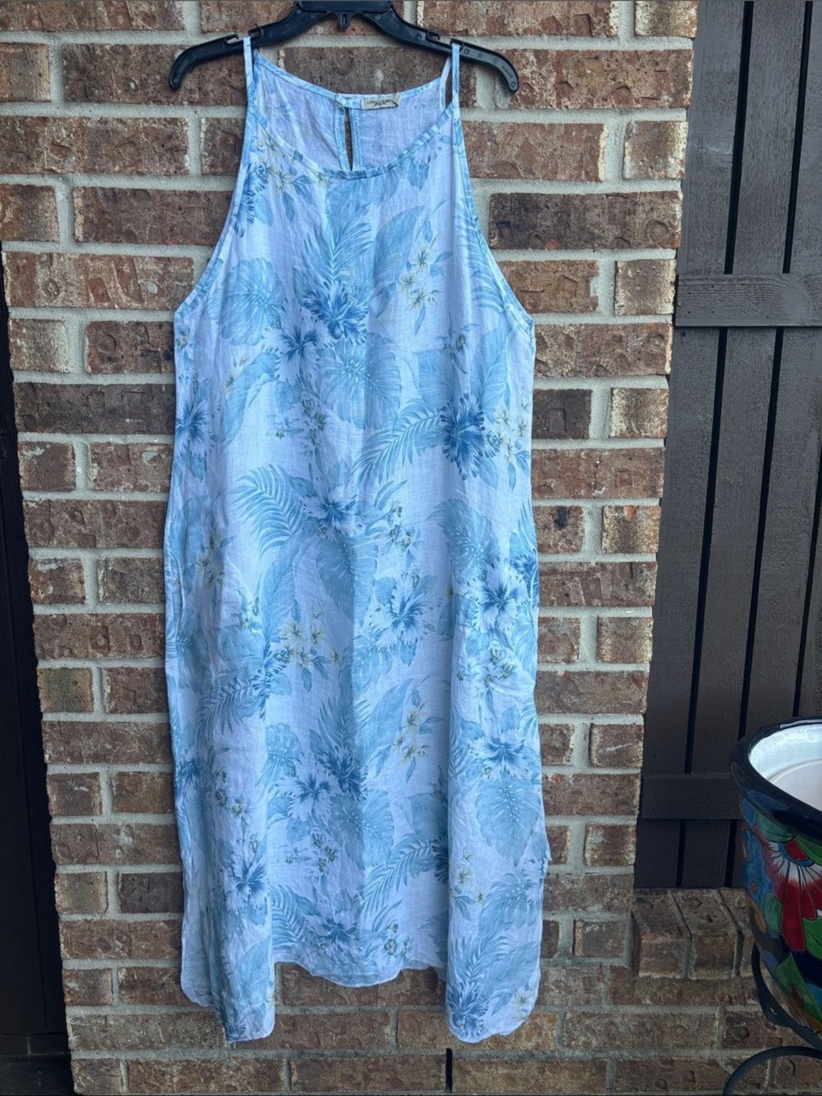 Lungo L’arno Light Blue Tropical Print slit Sundress 100% linen Sz L