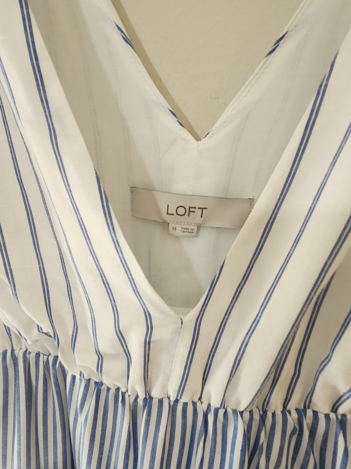 LOFT Blue & White Striped Tiered Double V Sleeveless Swing Dress Sz M