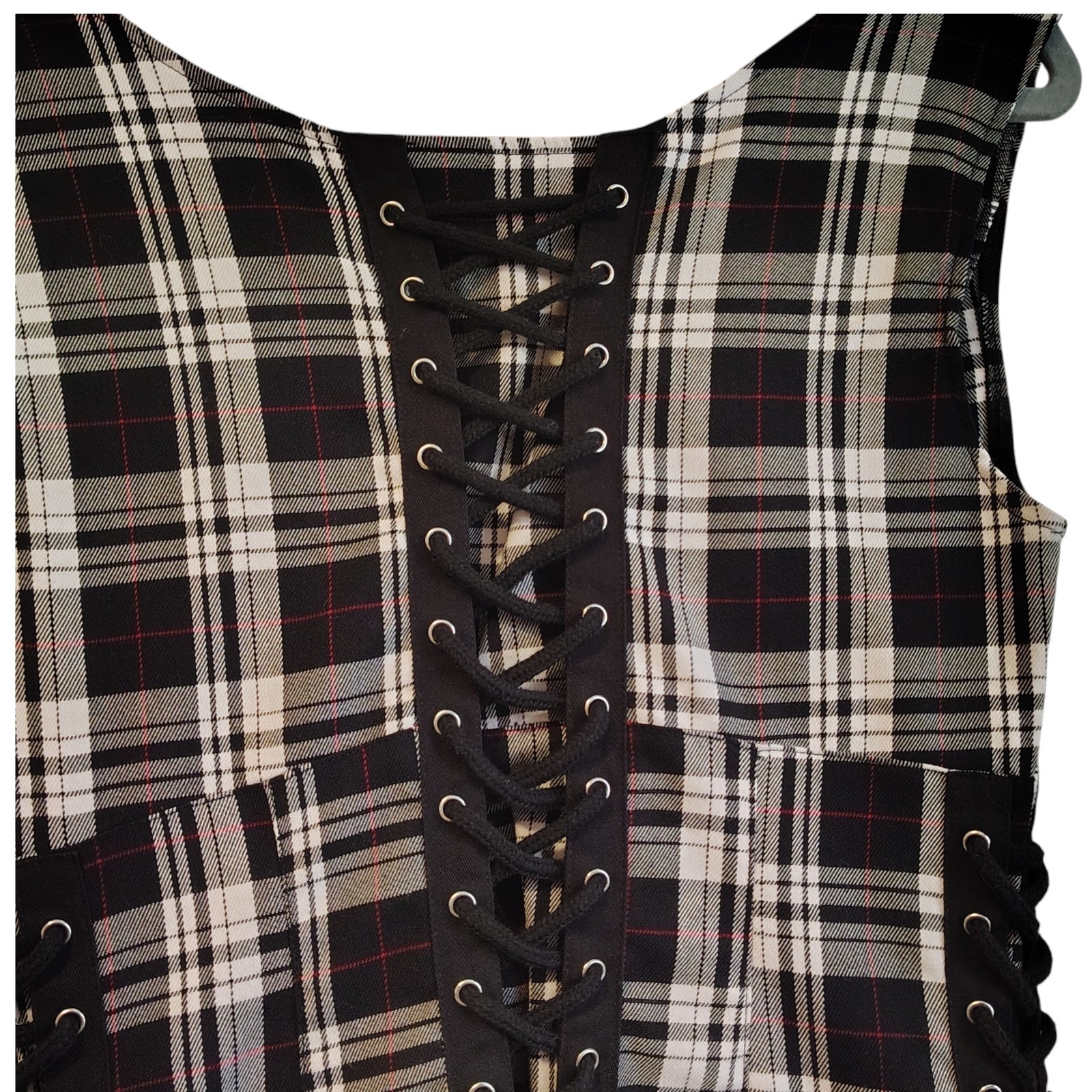 Hell Bunny Size Large Black White Plaid Corset Dress O-Rings Lace Up Sides Back