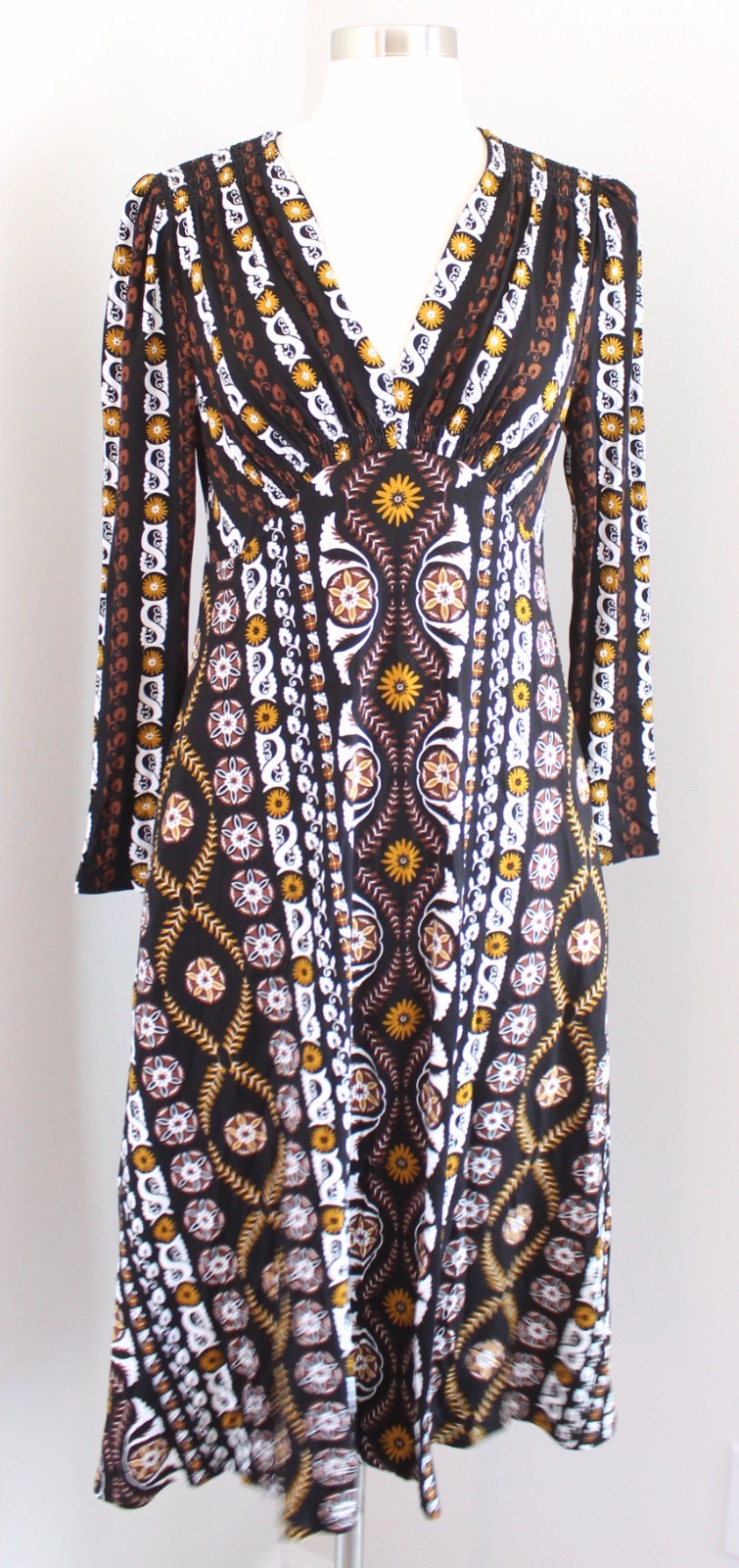 Boden Black White Brown Floral Striped V Neck Knit Dress Size US 6P Womens Boho