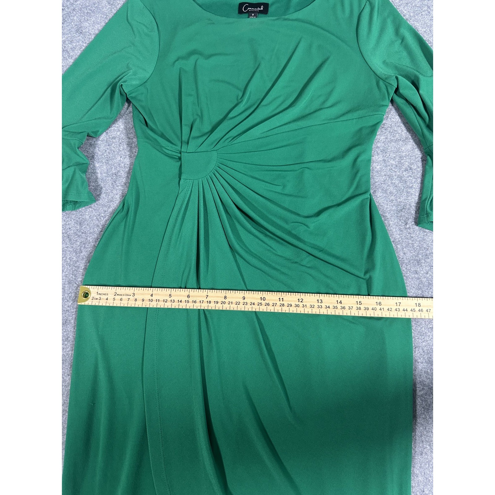 Connected Apparel Faux Wrap Sheath Dress 8 Green Bell Sleeve Gathered Sunburst