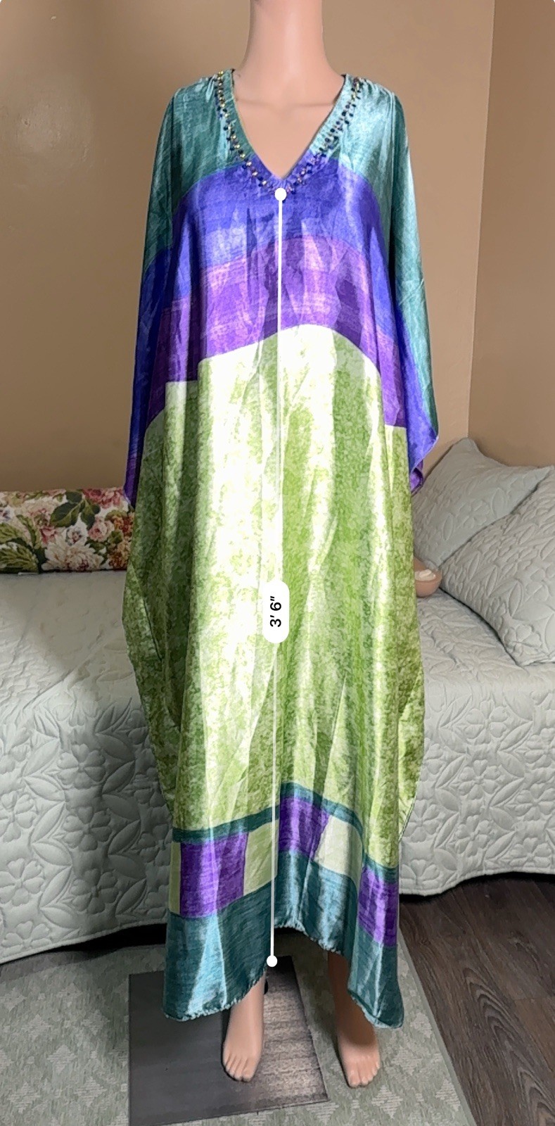Santee Classics Colorblock Satin Kaftan Dress V-Neck Beaded Long One Size