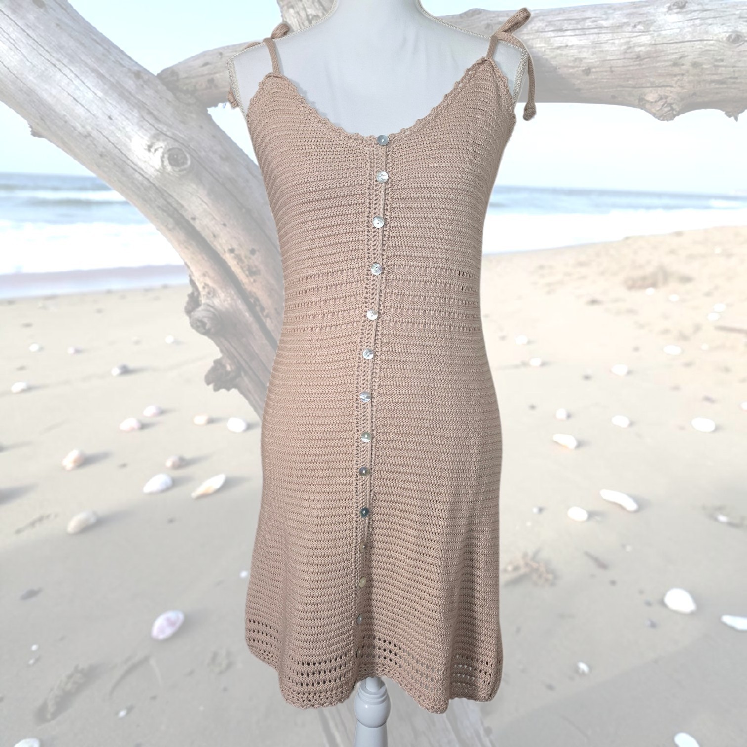Crochet Knit Medium Dress MOP Button Front Beige Coastal Tie Strap Bow Resort