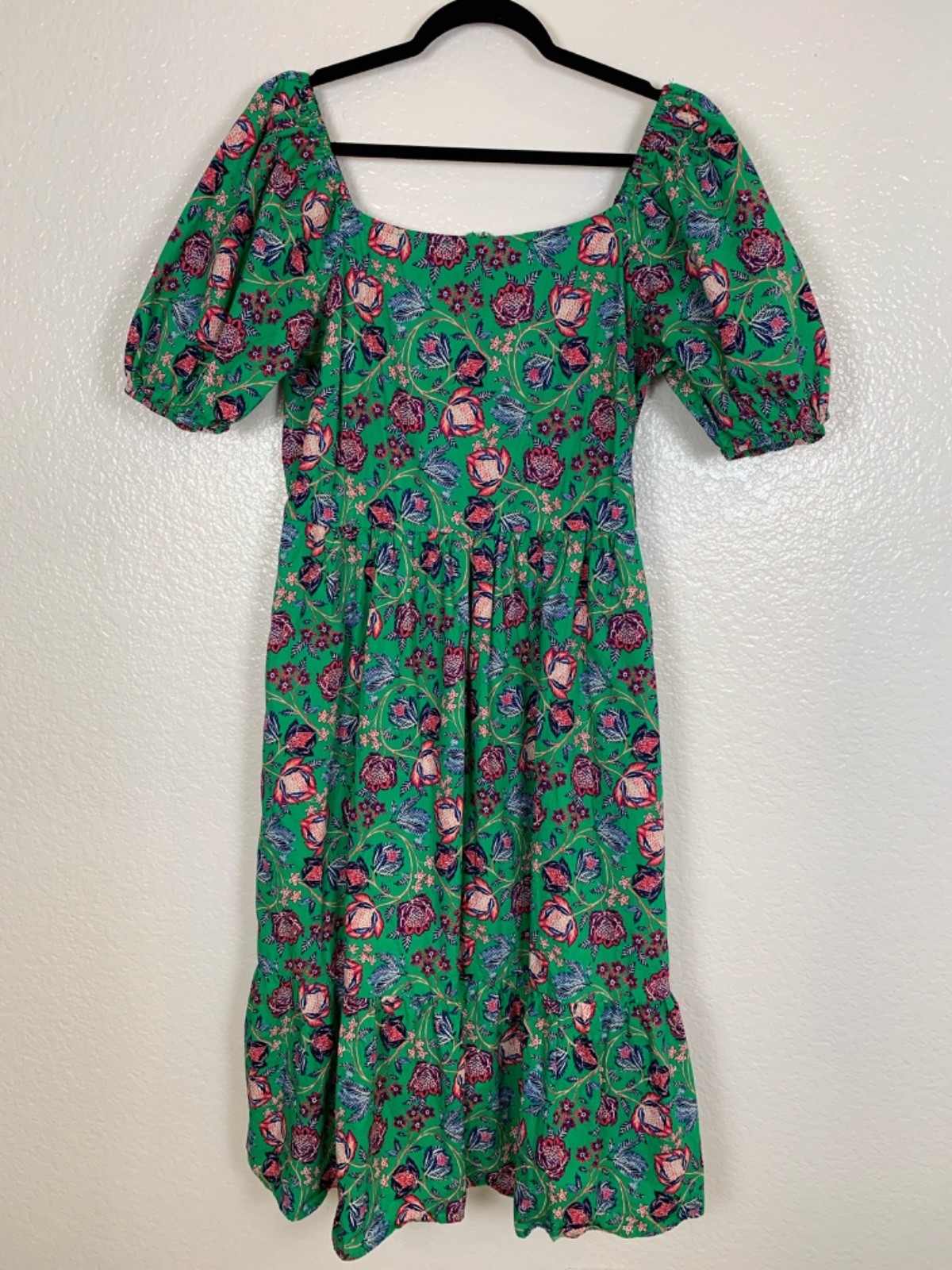 Green Floral Midi Dress Womens XL Cottagecore Puff Sleeve Smocked Back Zipper