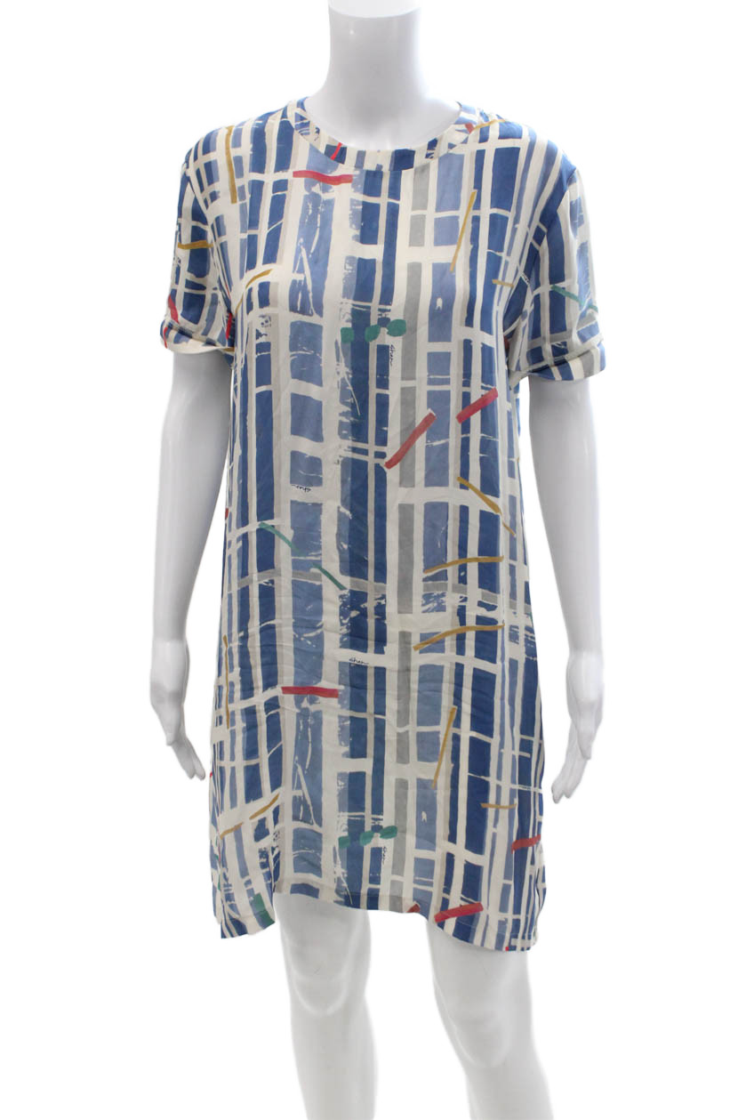 Shan Womens Shift T-Shirt Dress Blue Silk Geometric Short Sleeve Size 4