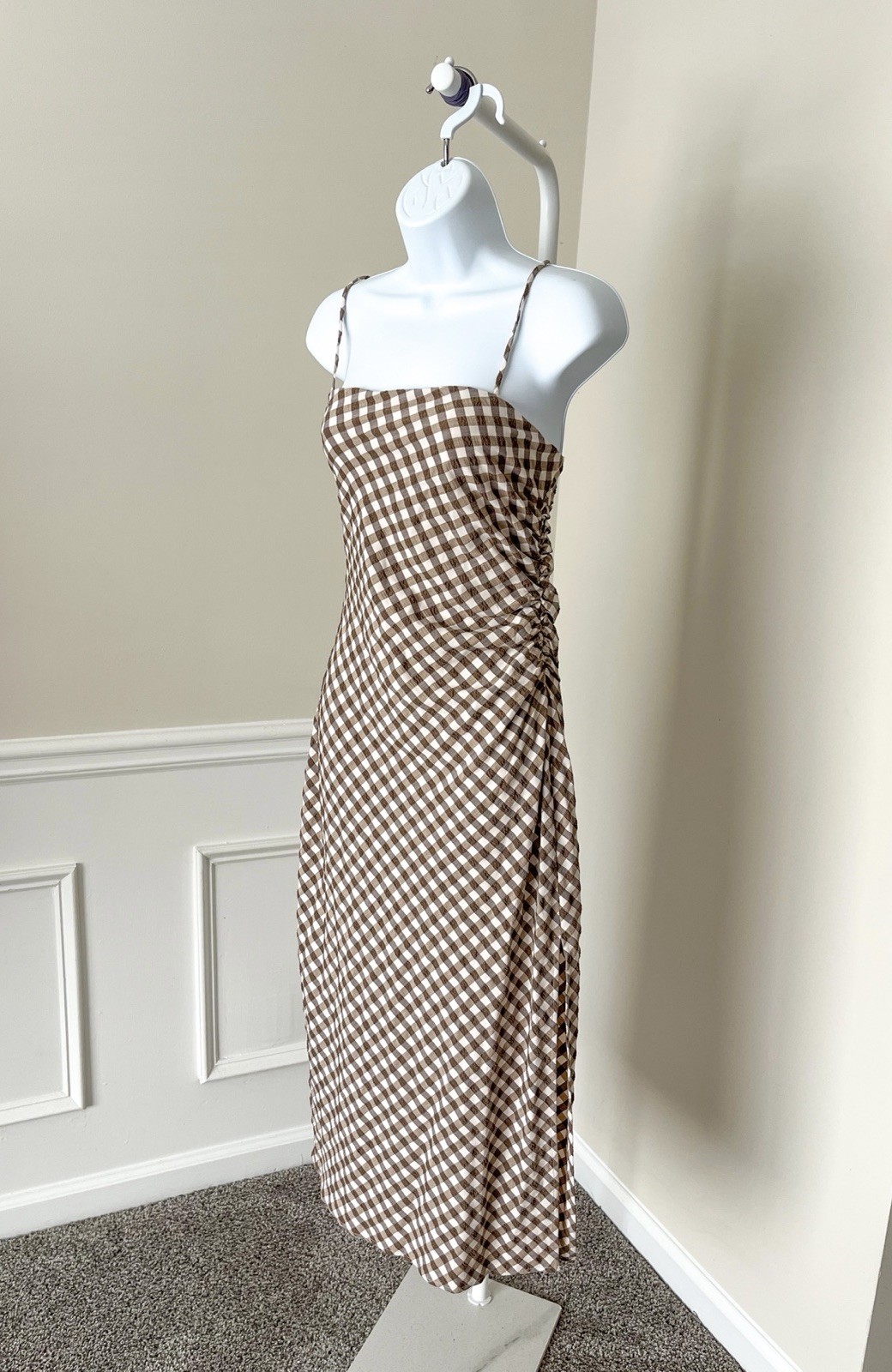 NWT ZARA Sleeveless Gingham Midi Dress Brown White Ruched Slit Women’s Medium