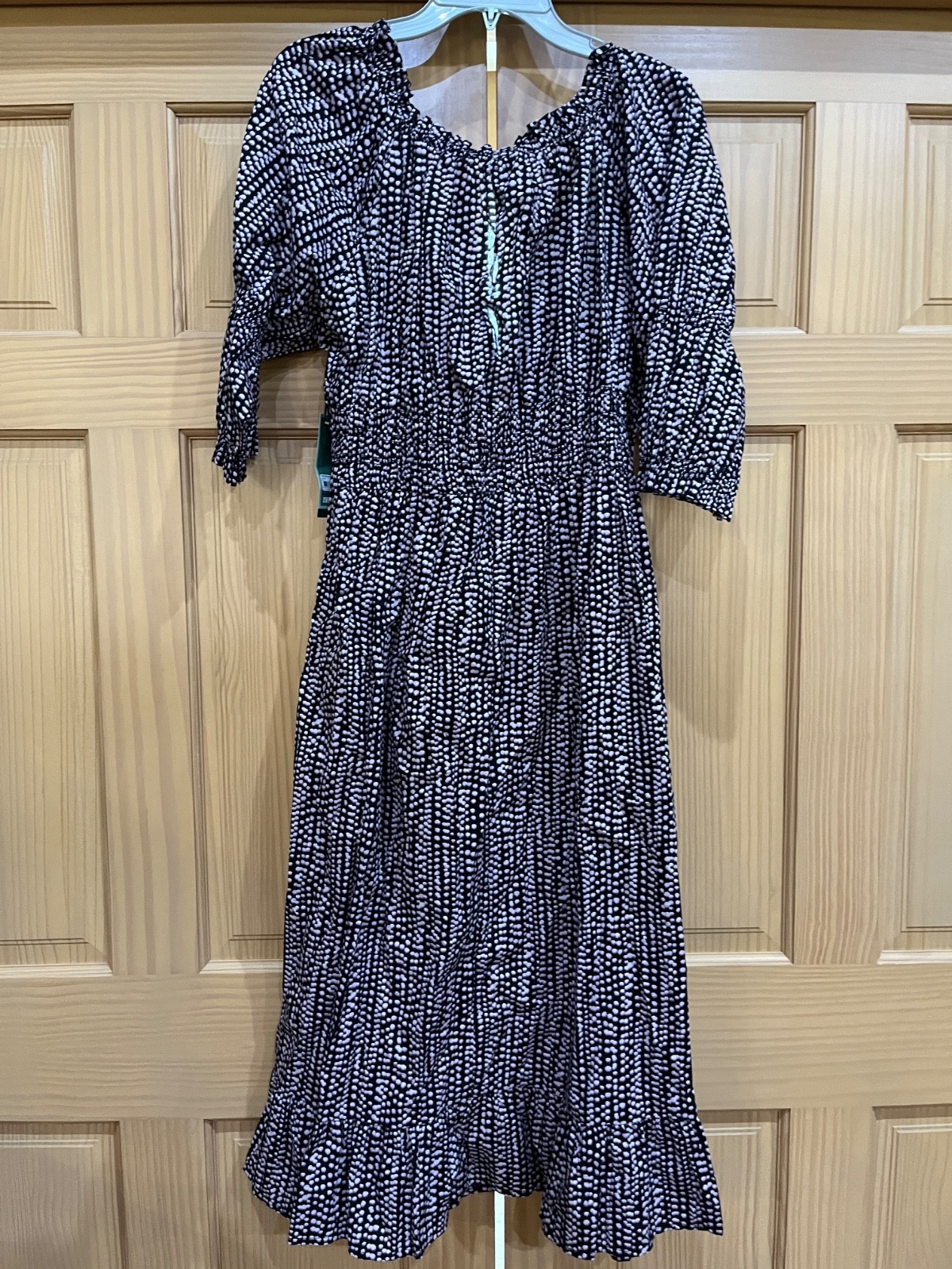 Terra & Sky Women’s Plus U pick Smocked Waist Dress Falling Dots Black Lavender