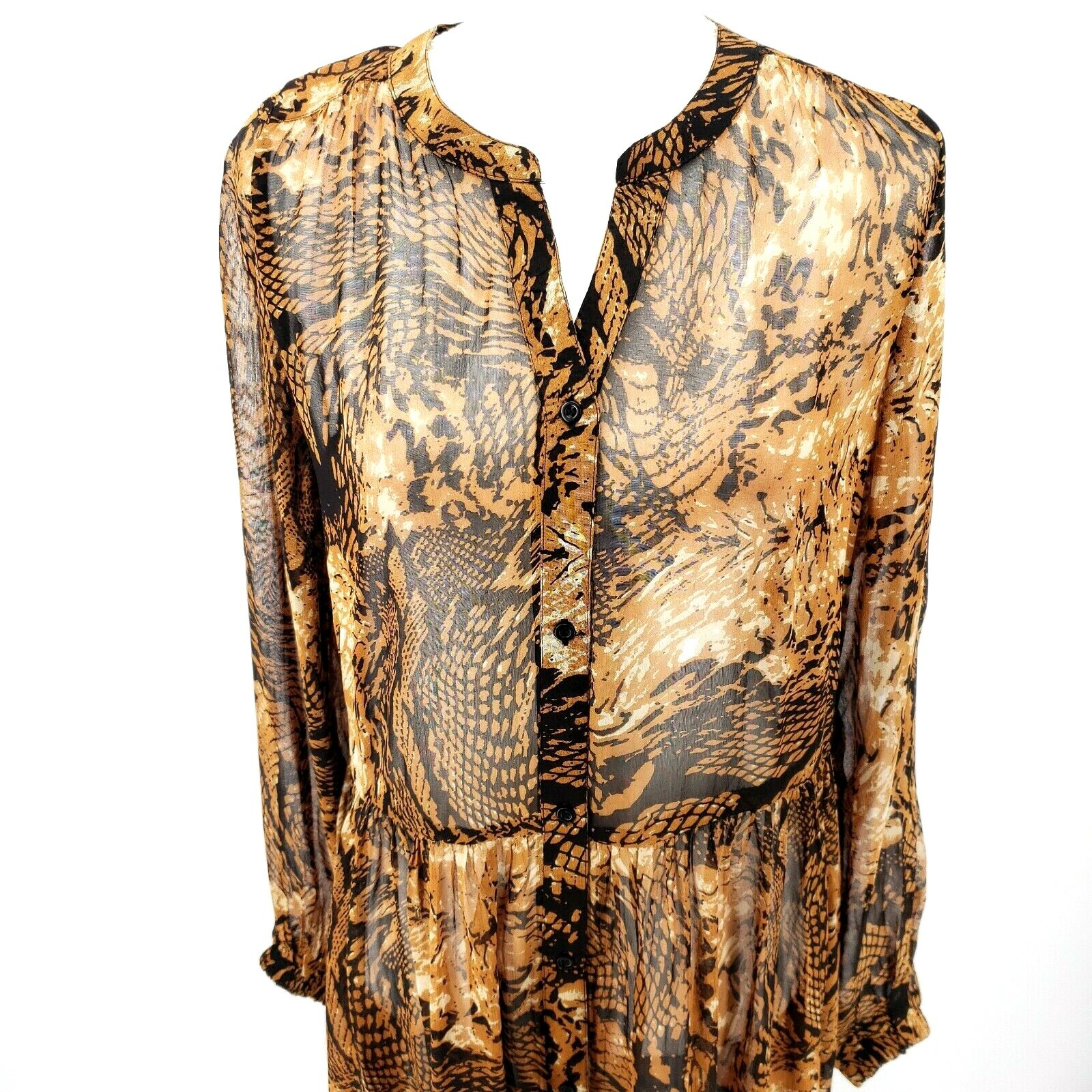 SPARKZ COPENHAGEN Sheer Maxi Long Shirt Dress Flowy Sexy Chestnut XS S M