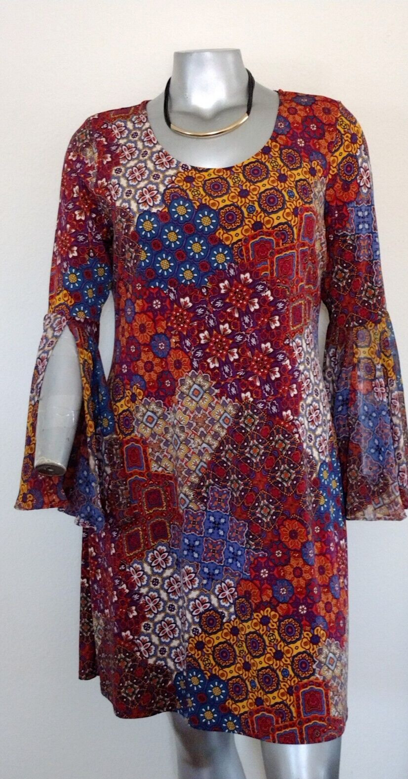WOMAN MSK Mandala print Hippie Boho Mini Dress Size XL Bell Split Long Sleeve