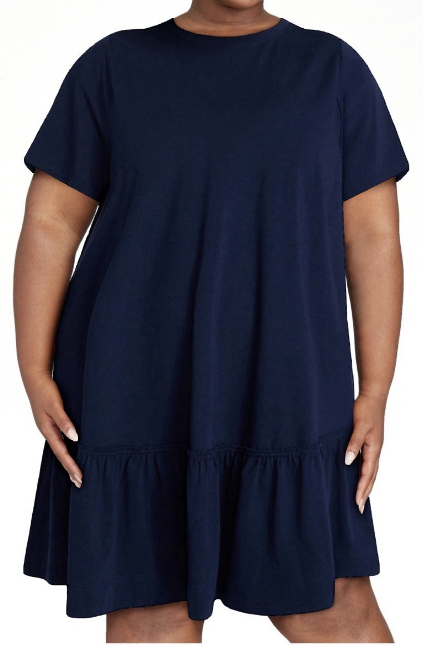 Terra & Sky Tiered Dress Plus Size Navy – Cotton Stretch Blend – Short Sleeves
