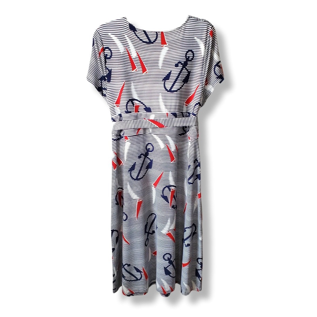 Talbots Blue White Nautical Midi Dress L Classic Casual Career Preppy Stretch