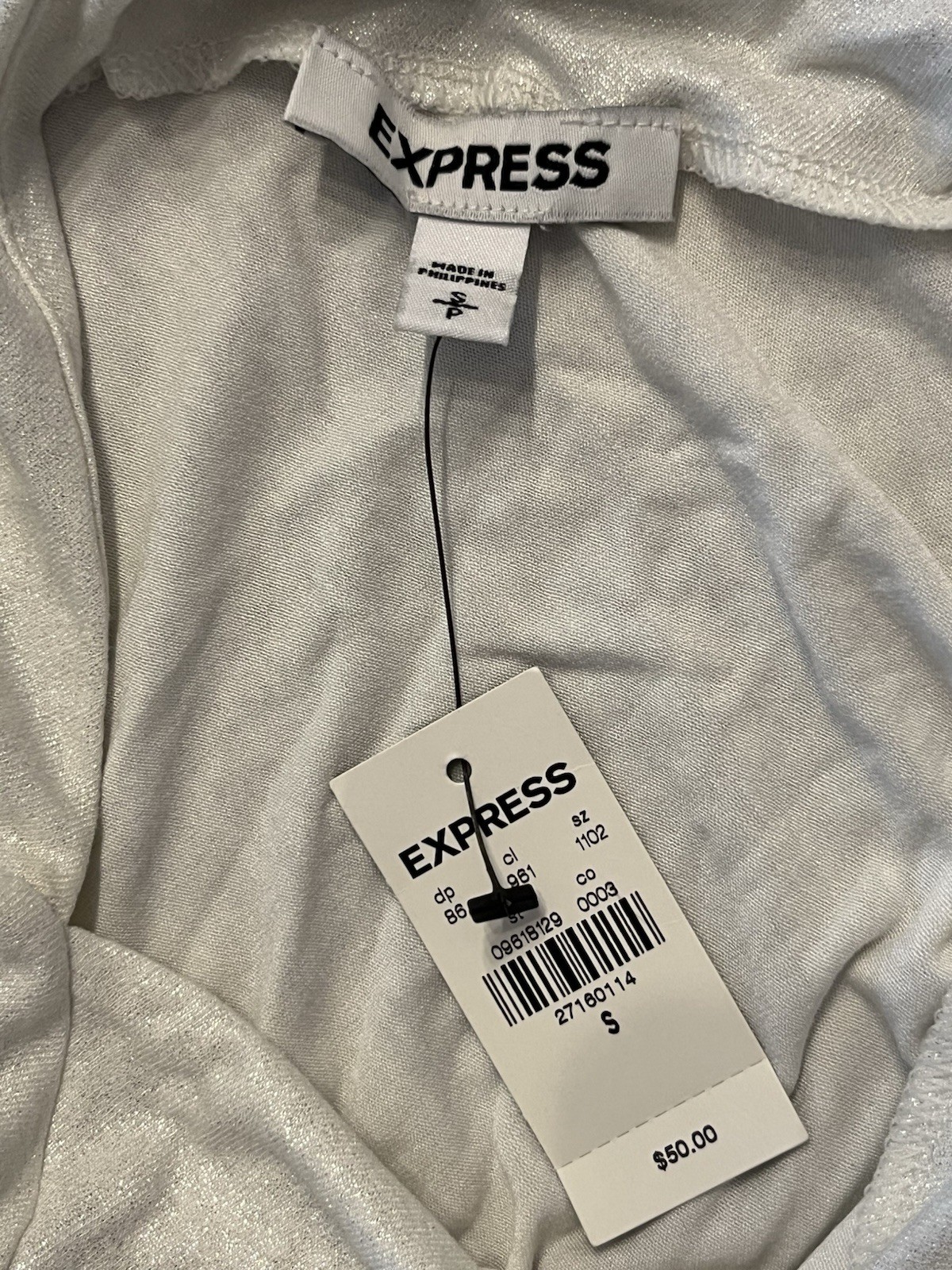 Express White Shimmer Ruched Asymmetrical Bodycon Mini Dress ~ Wms Size S ~ NWT