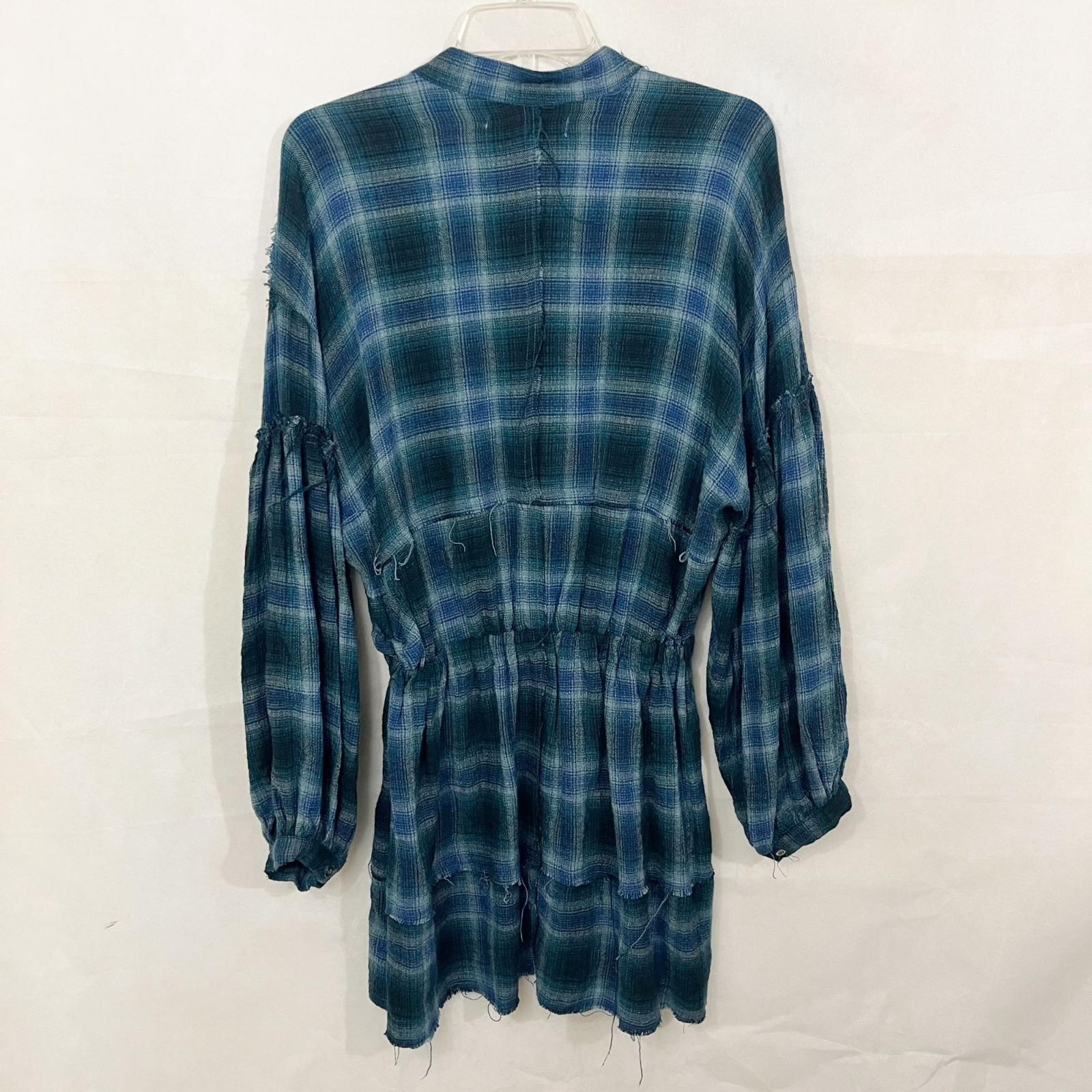 Free People By The Way Navy Plaid Long Sleeve Mini Shirt Dress Grunge – Size XS