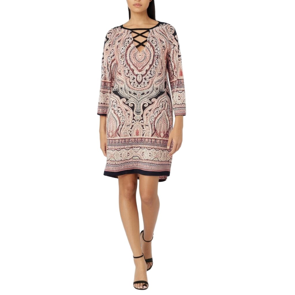 Roz & Ali Tunic Dress Women Size 10 Paisley Print Keyhole Crisscross Boho New