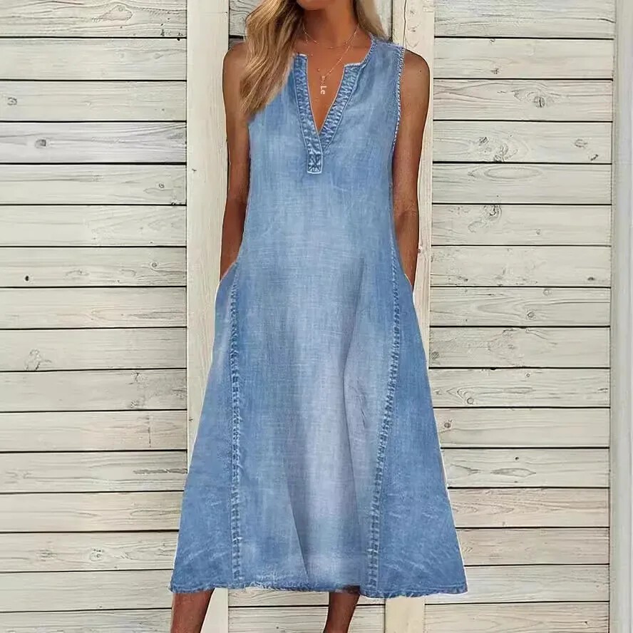 Women’s V-Neck Sleeveless Denim Tank Dress Casual Loose Sundress Midi Dress