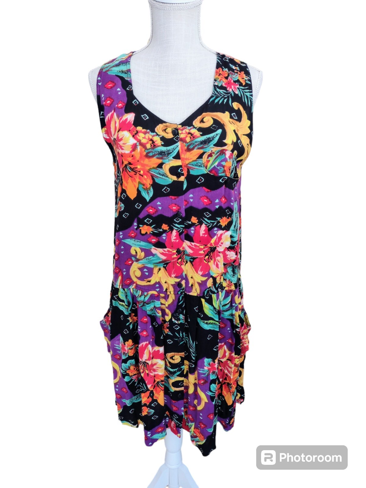 Vintage Colorful Sleeveless Dress Womens Size Medium Pockets 80s 90s Hippie Boho