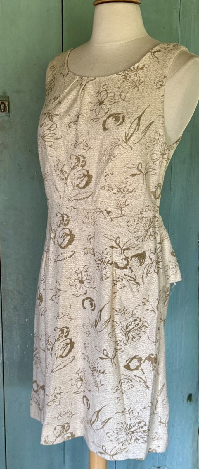 Moulinette Soeurs Sheath Dress Brocade Jacquard Cream Gold Peplum Open Back 6
