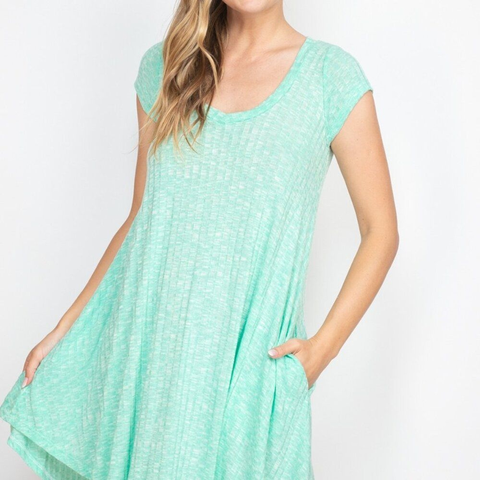 Lollipop Star Mint Ribbed Knit Pockets Crewneck Cap Sleeve Soft Summer Dress