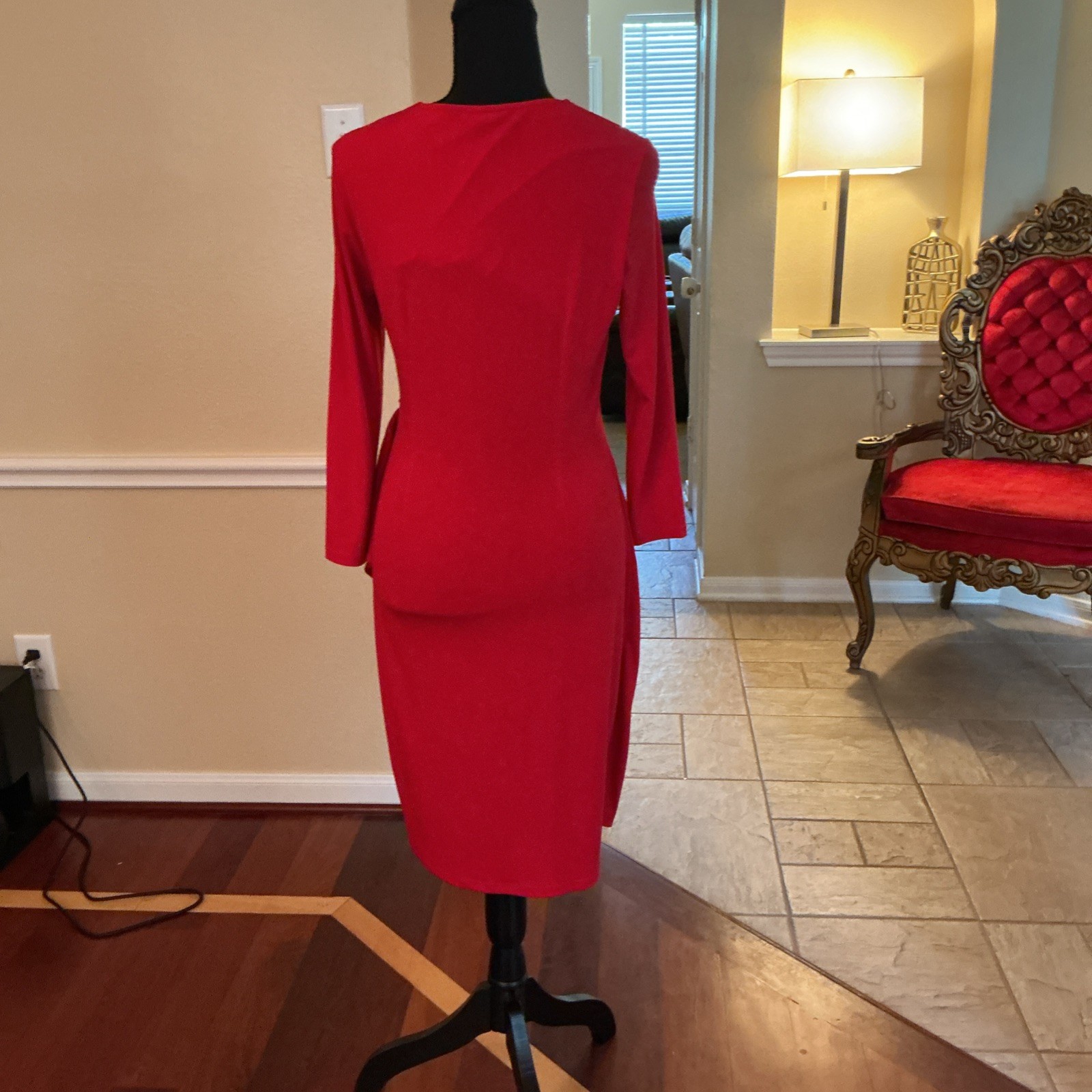 Calvin Klein Womens Red Faux Wrap Ruched Sheath Dress Gold Shoulder Zip 6