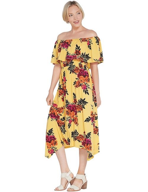 Du Jour Yellow On Off-the-Shoulder Floral Knit Dress New Sharkbite Hem