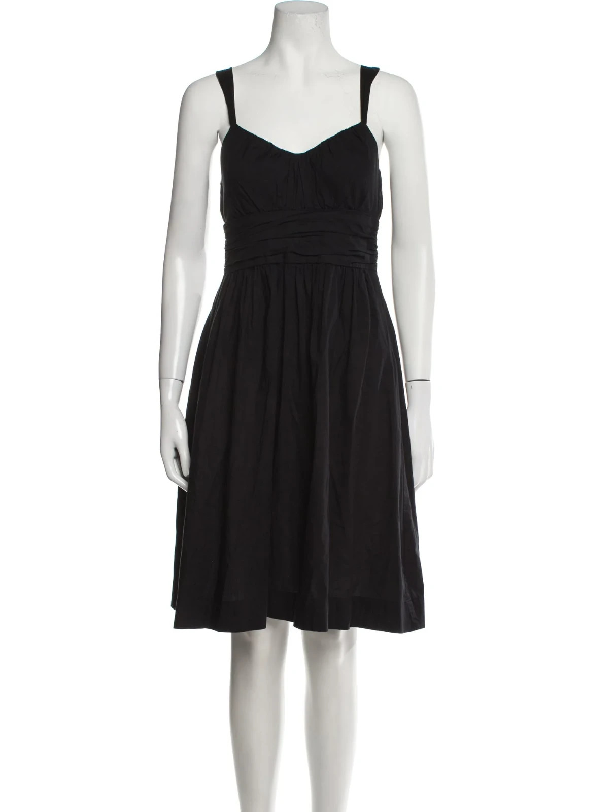 VINCE Vintage Black Pleated Ruched V-Neck Cotton Poplin Sun-Dress 12 US = L VTG