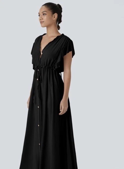 Halara Deep V Neck Butterfly Sleeve Drawstring Flowy Maxi Dress Black XL New!