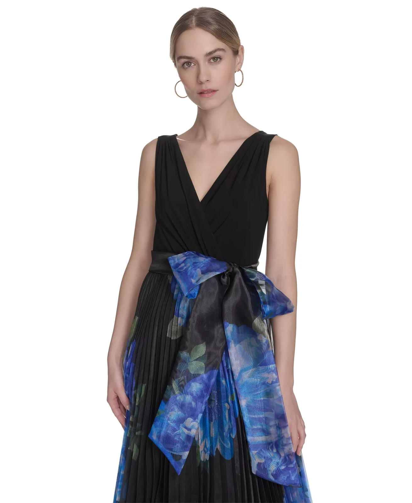 Eliza J Petite Mixed-Media V-Neck Sleeveless Pleated Gown – Black/Blue Size 14P