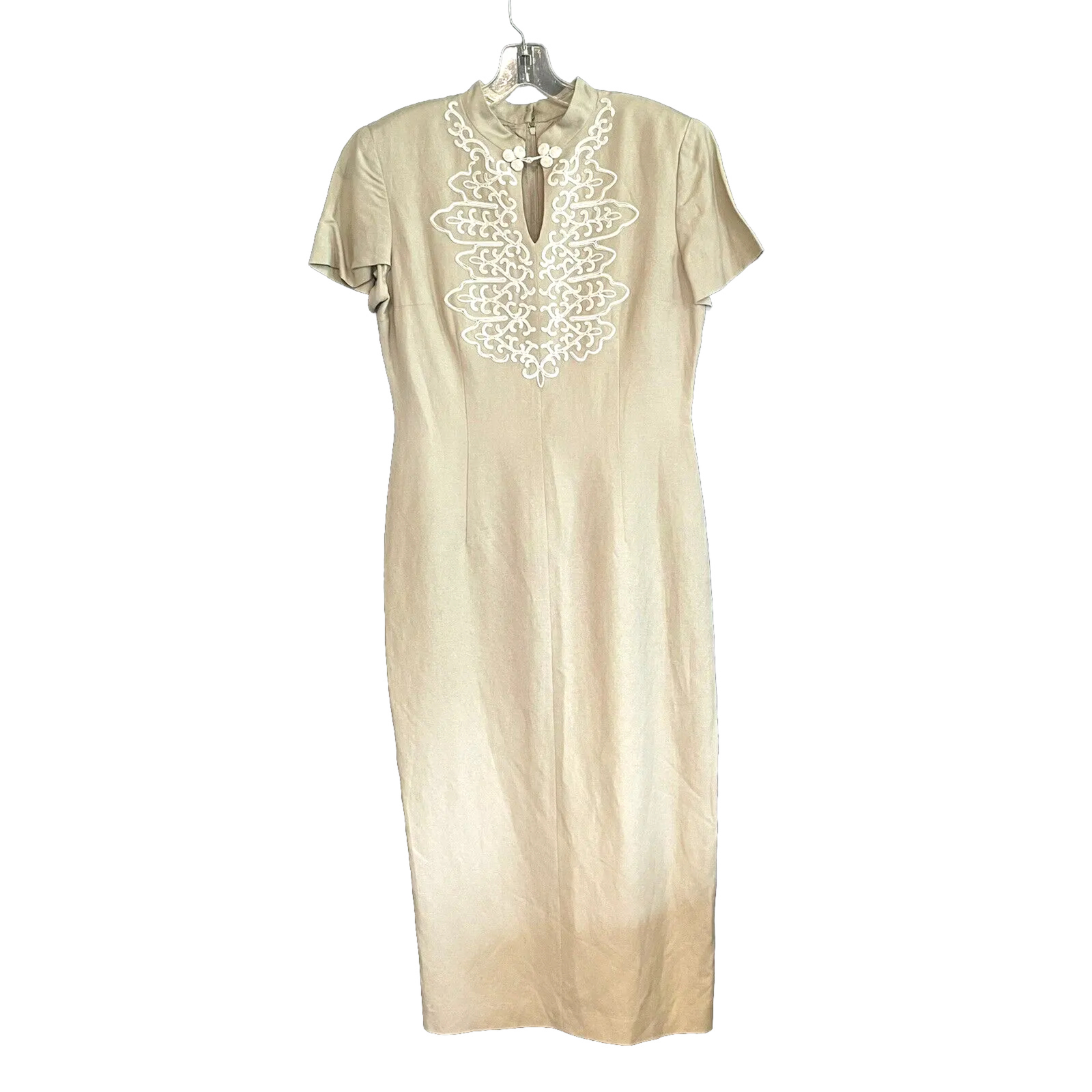 Donna Morgan Size 8 Sheath Dress Cream Embroidered Mandarin Collar Short Sleeves