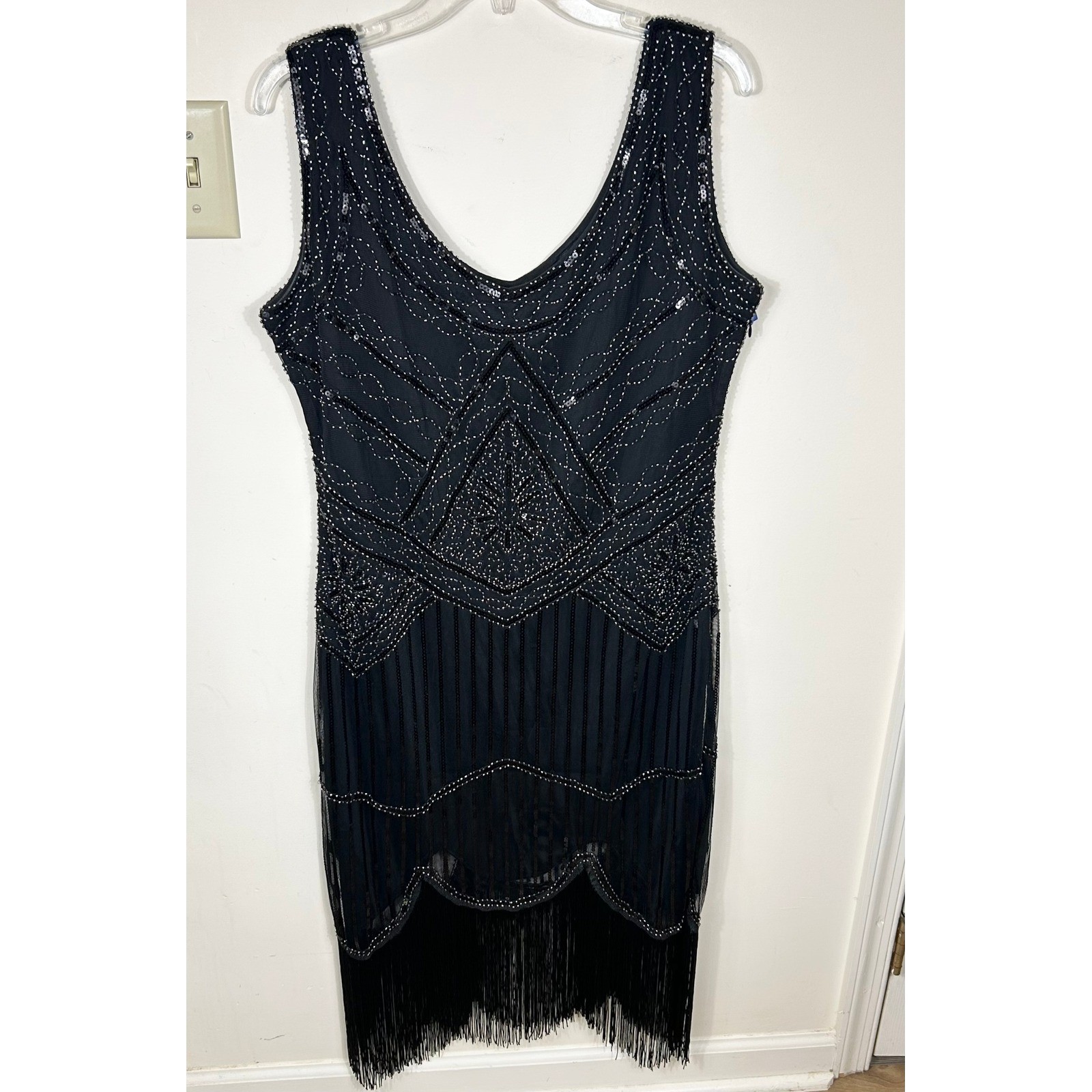 RO ROX Flapper Dress Sz 2XL Black Beaded Sequin Fringe Gatsby VTG 20s Style