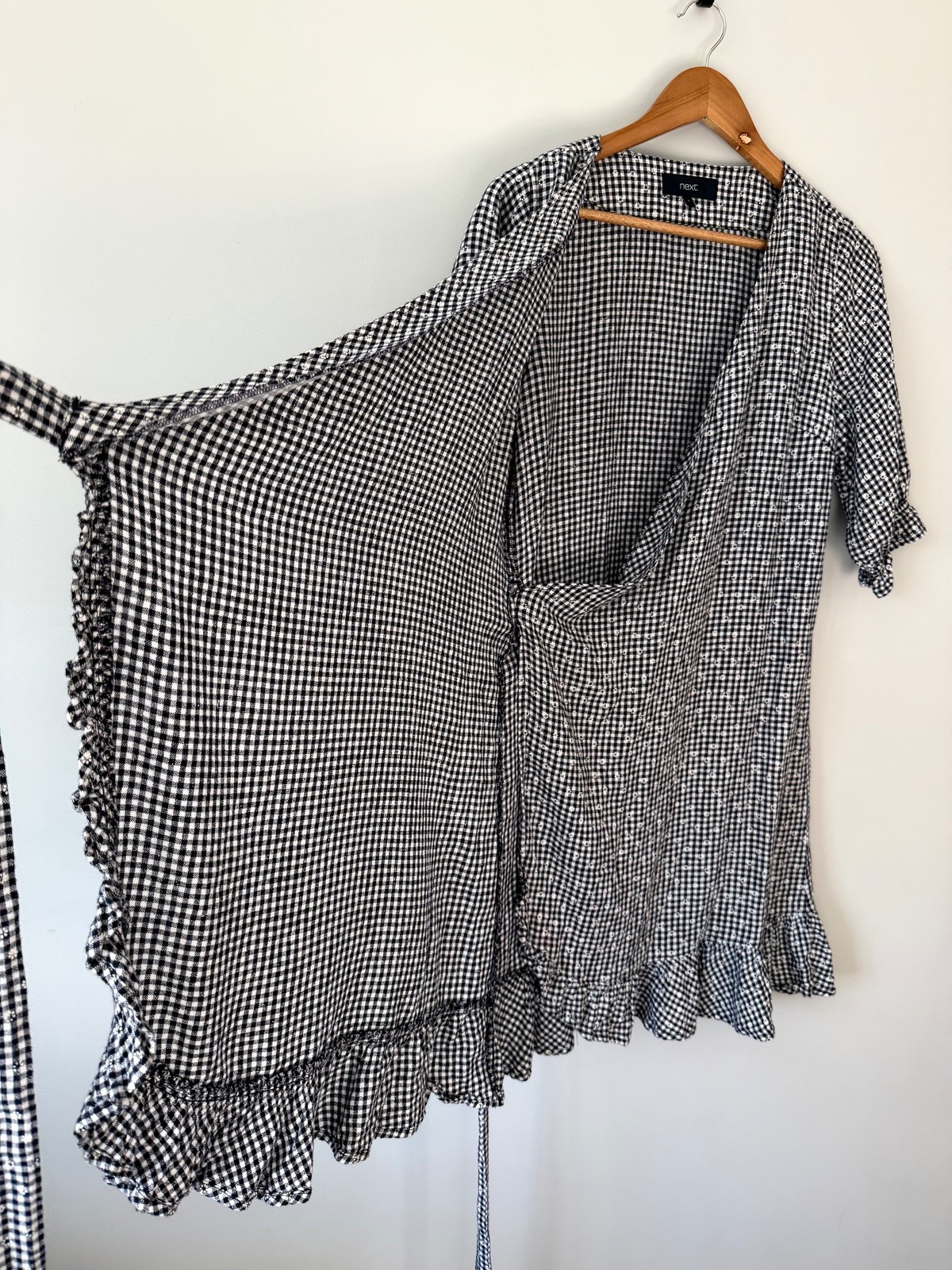 Next Gingham Floral Mini Wrap Dress UK 8 Linen-Viscose
