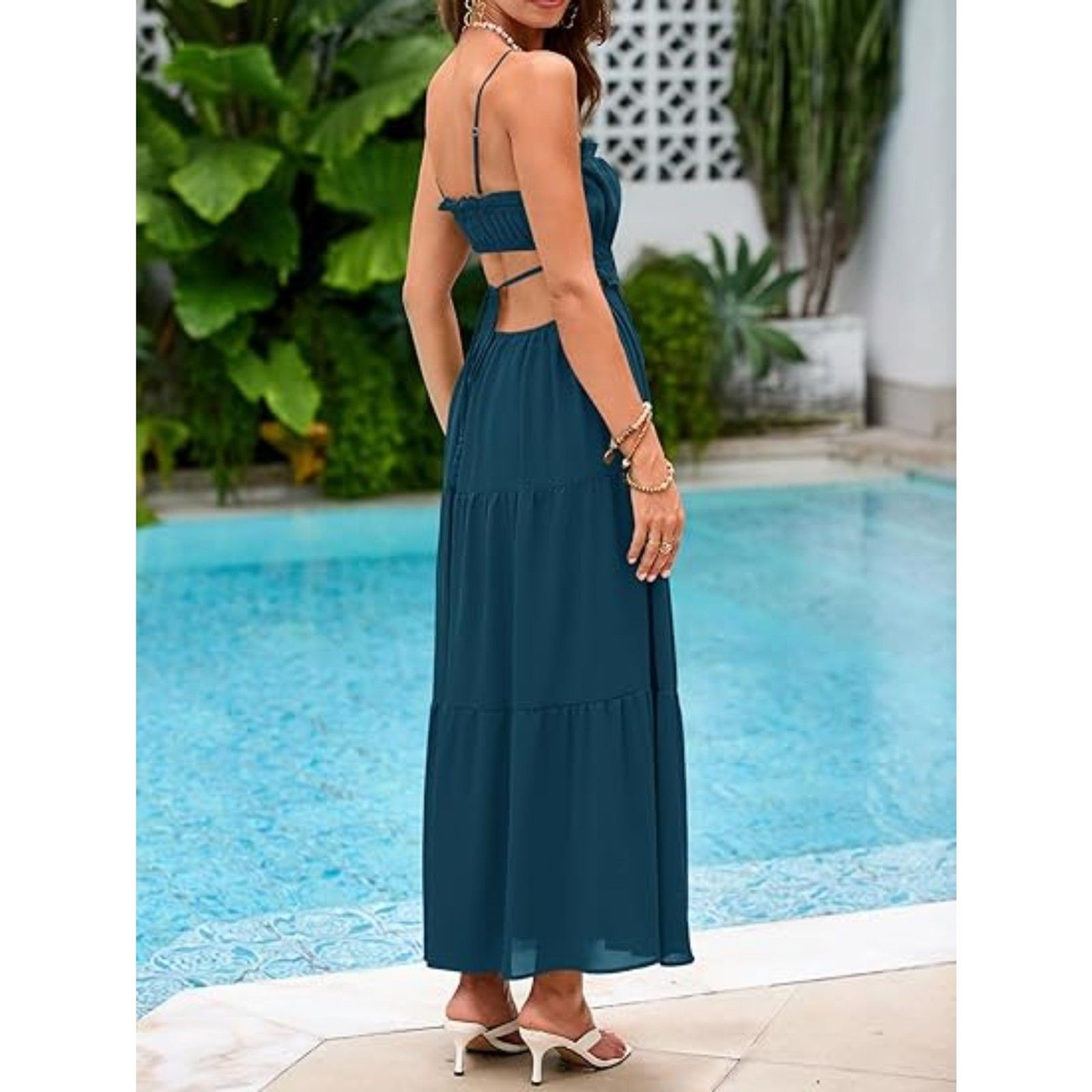 leeveless Side Cut Out Boho Backless Flowy Long Dresse, XL, 5B-144D003