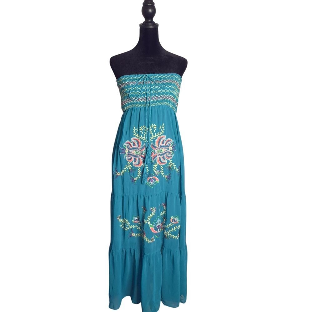 Flying Tomato Embroidered Floral Smocked Maxi Dress Tiered Flowy BOHO Women S