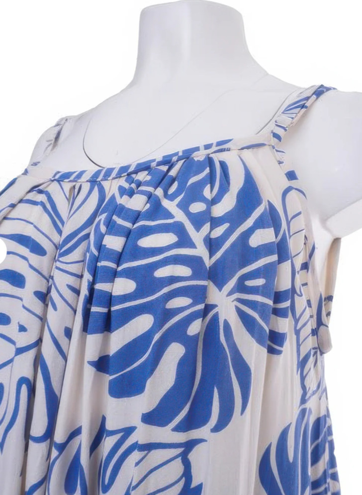 Napua Collection Honolulu Reverse Monstera Blue Rayon Knee Length Sun Dress NWT