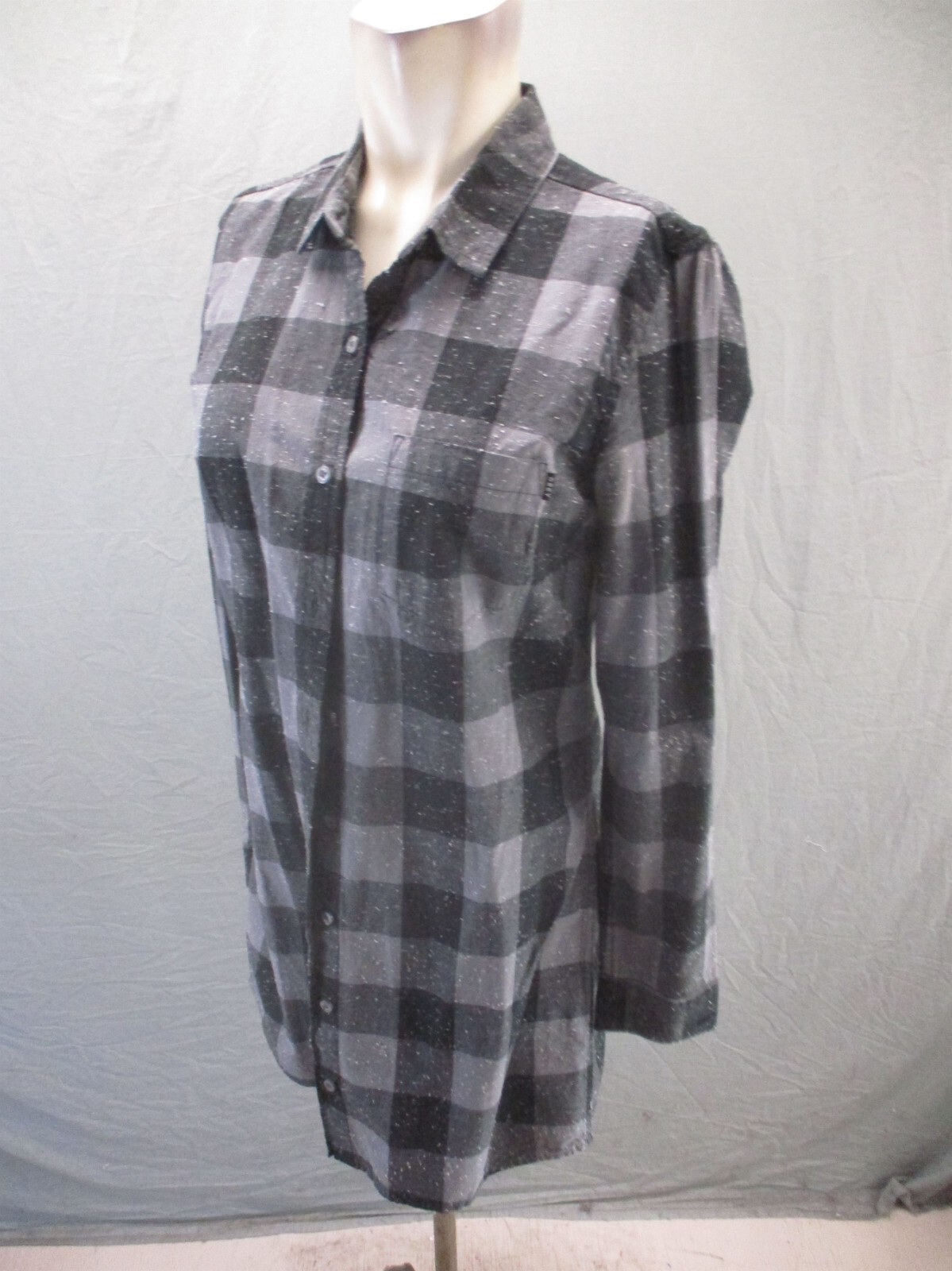 OBEY #89 Size S Womens Gray Plaid 100% Cotton Button Up Flannel Shirt Dress 757