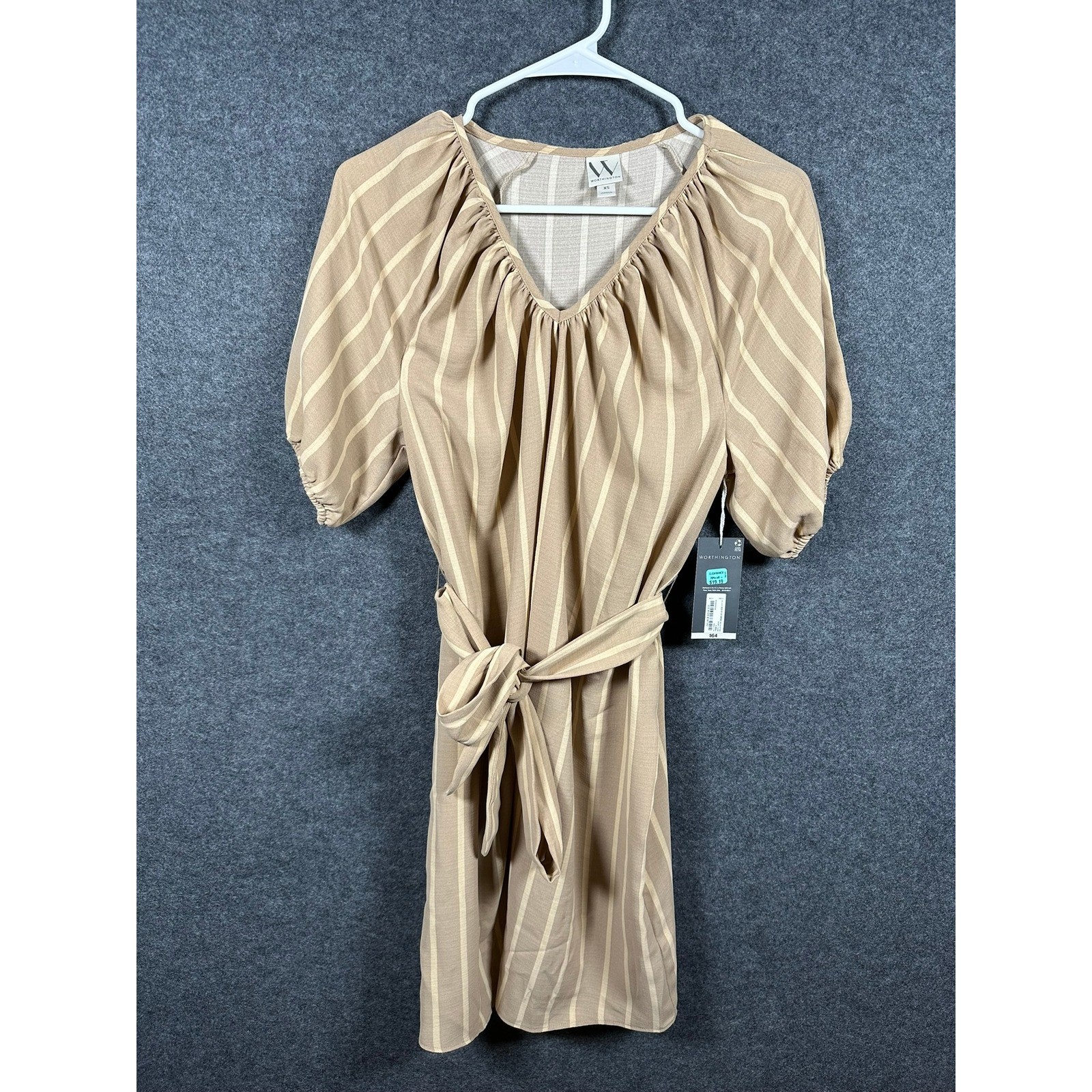 Worthington Womens XS Tan Striped V-Neck Puff Sleeve Tie-Waist Dress NWT
