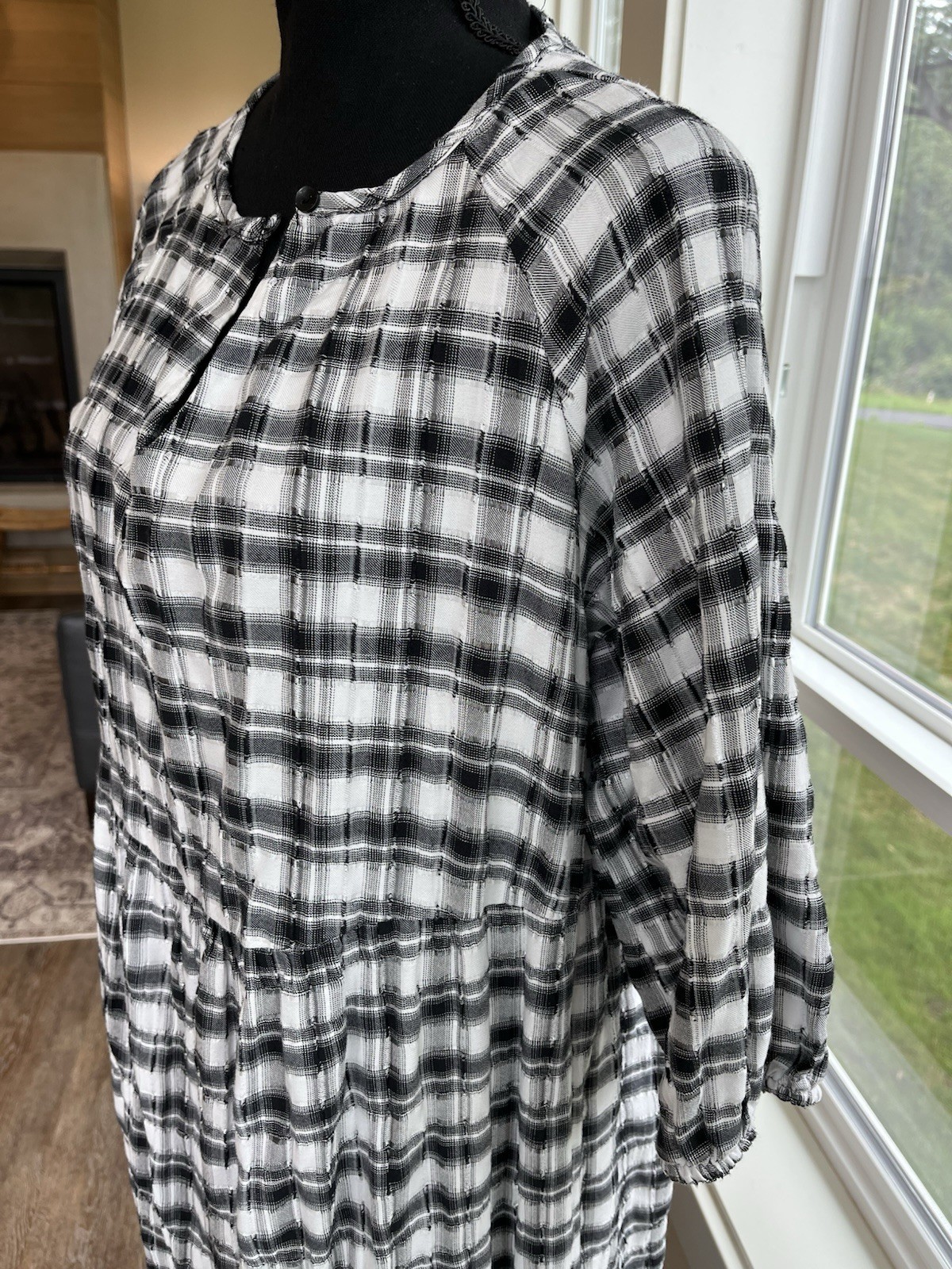 PRIMARK Check Textured Cotton Tiered ￼Dress Navy/Charcoal Gray/Black Sz 12 / L
