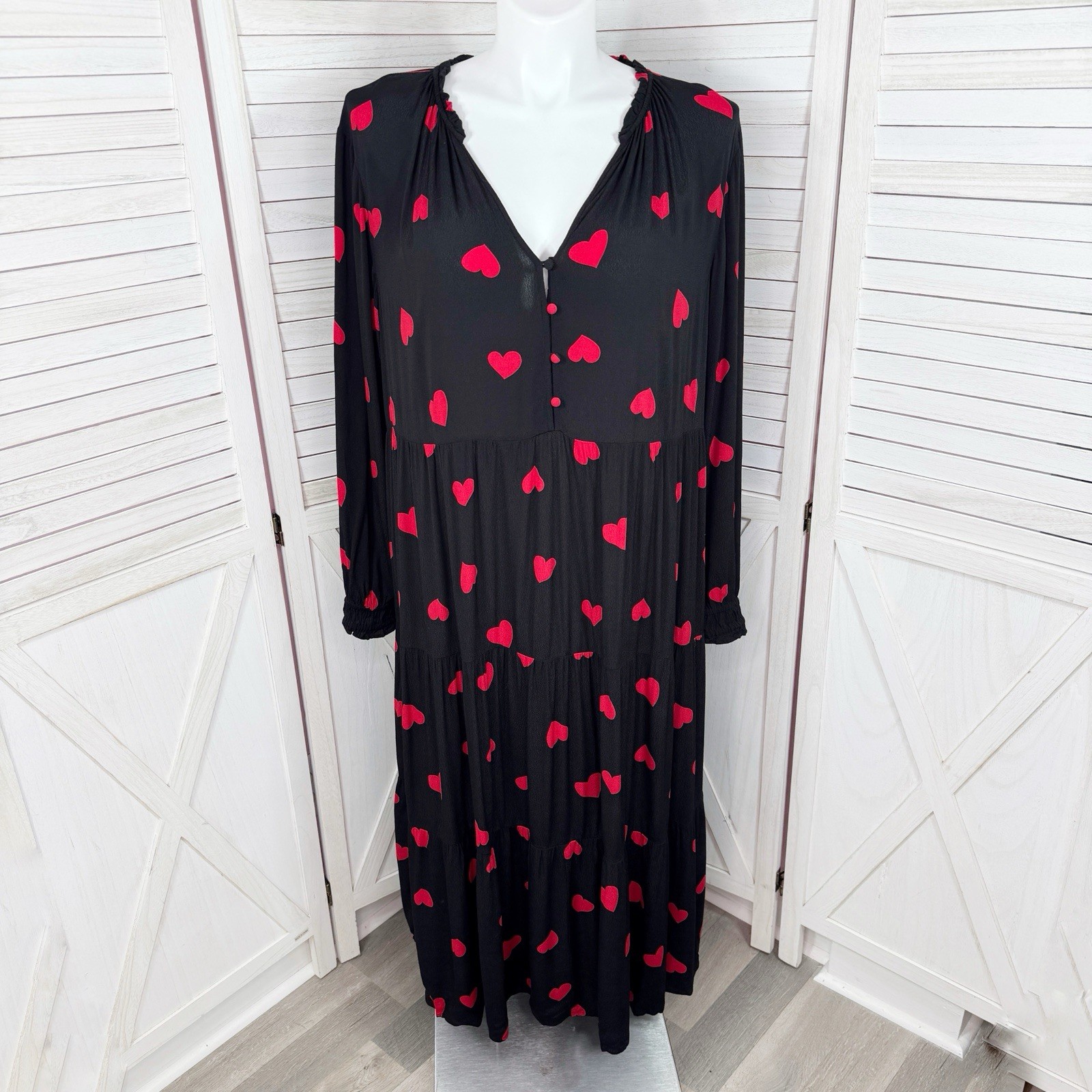 Loft Valentine Dress Women XL Black Red Heart Tiered Shift Midi Long Sleeve Love
