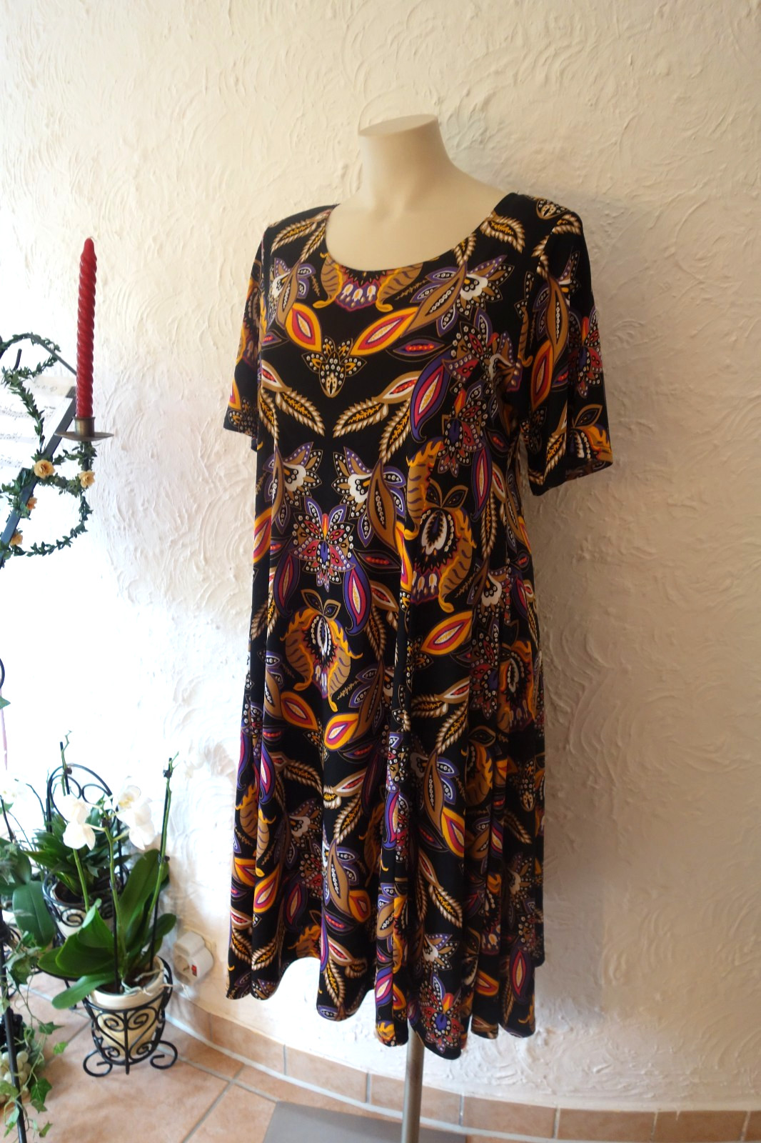 Magna summer dress 48 50 new black Multicoloured Floral Leaves Stretch A Line LAGENLOOK