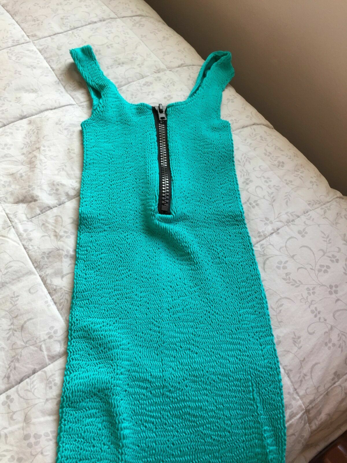 Vintage Tripp NYC Zip Up Bodycon Hailey Crinkle Mini Dress 90s Aqua Indie Sleaze