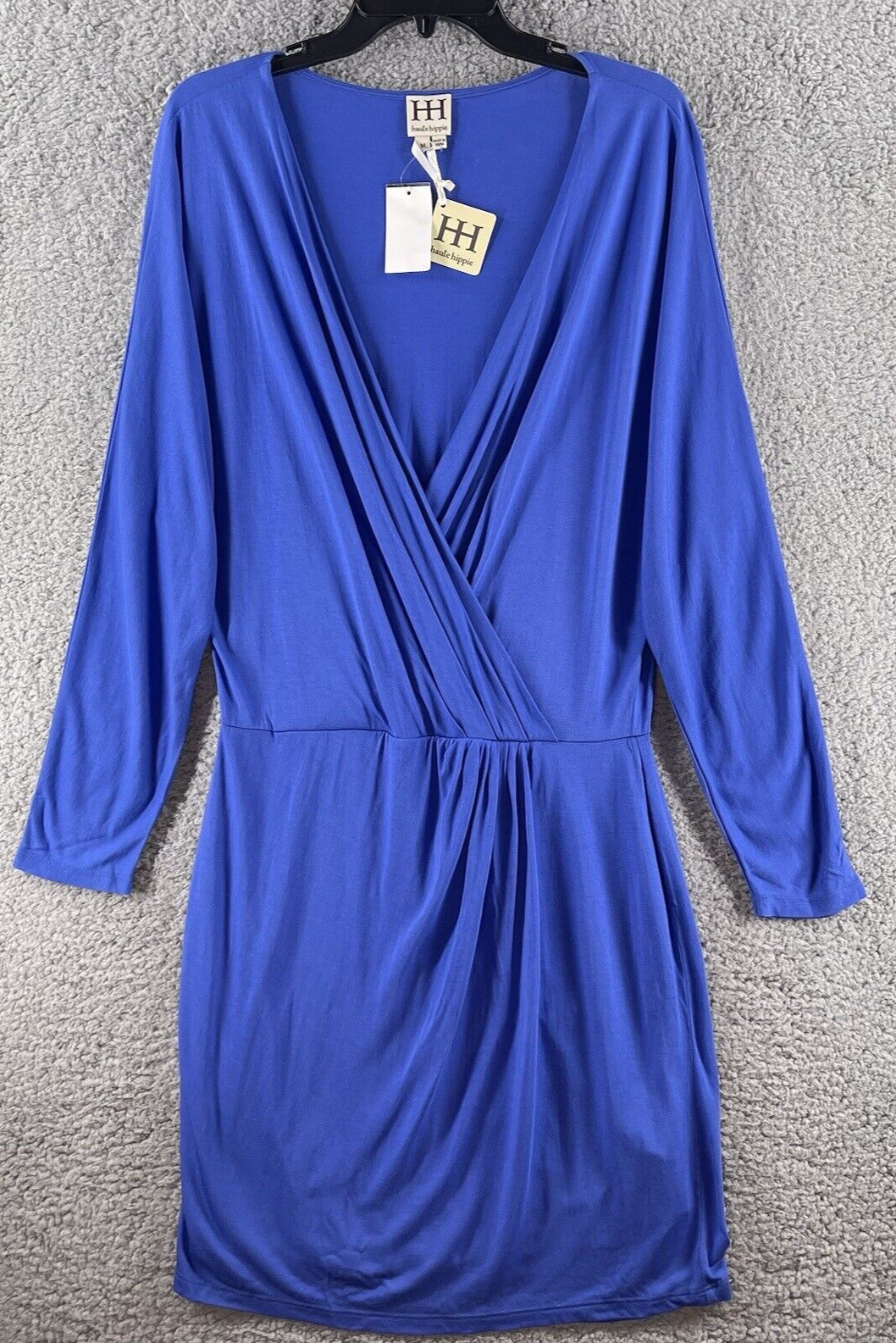 HH Haute Hippie Women’s Dress Medium Blue Surplice Jersey Sheath Ruched Side
