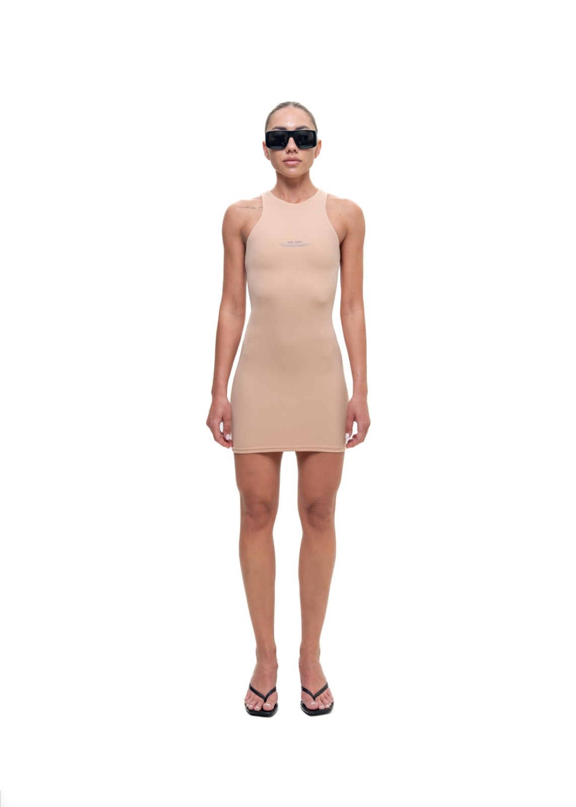 ALMZV Women’s Beige Bodycon Mini Dress Sleeveless High Neck Stretch Slim Fit